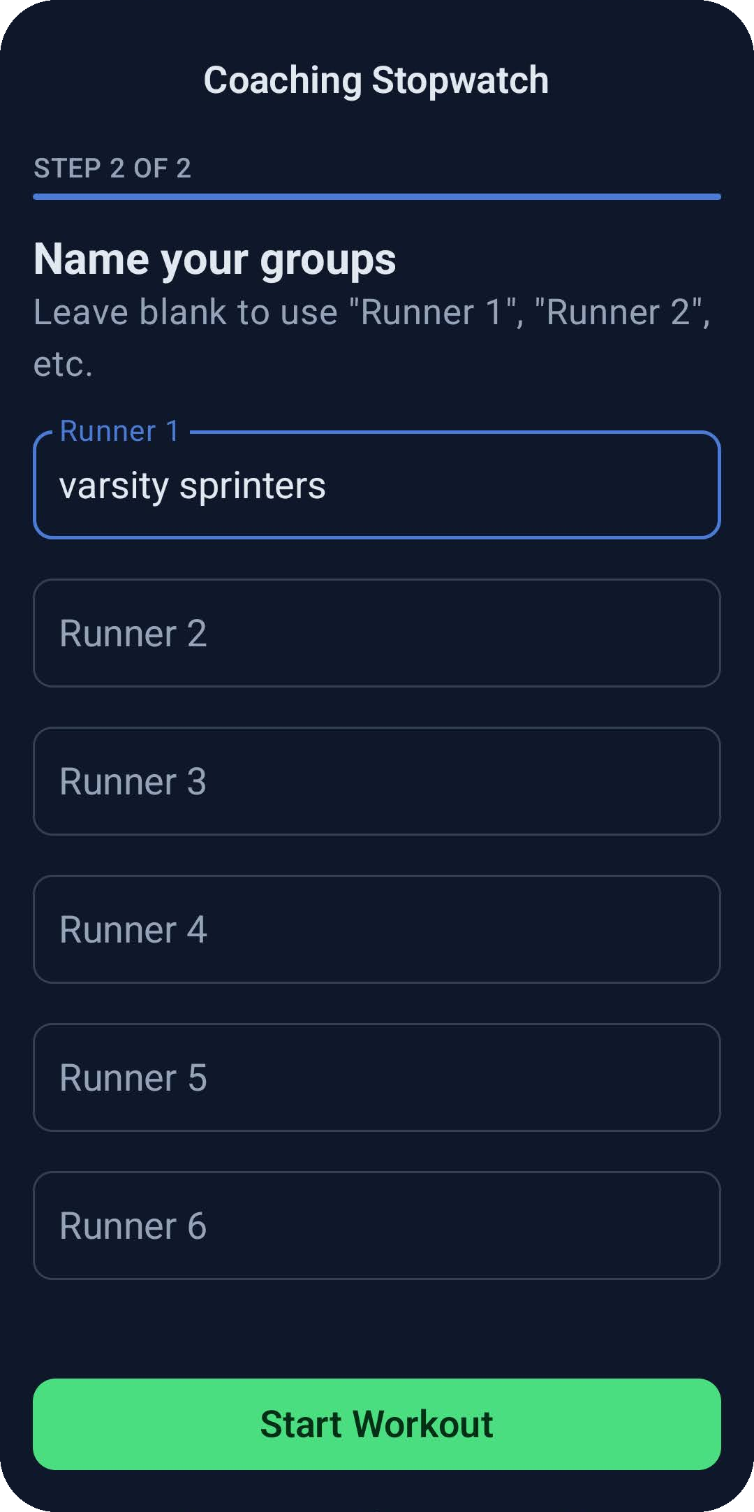 App screen for naming groups, with the first field filled in as varsity sprinters