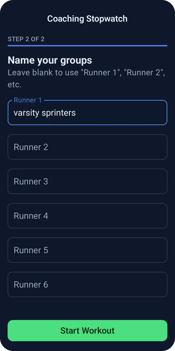 Coaching Stopwatch app screen for naming runner groups, with the first field filled in as varsity sprinters