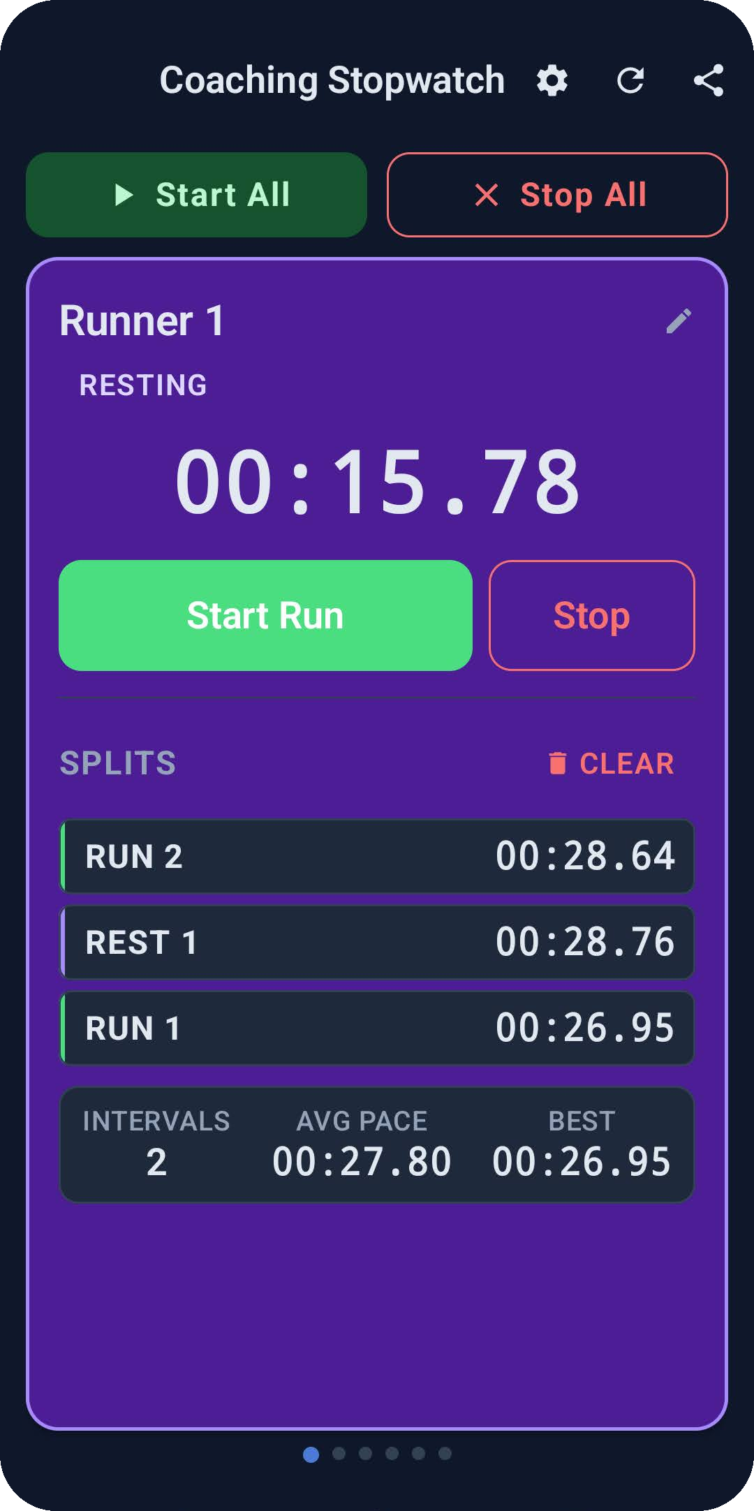 Live timer screen for Runner 1 showing 15.78 seconds resting, with a split history of two run and rest intervals below